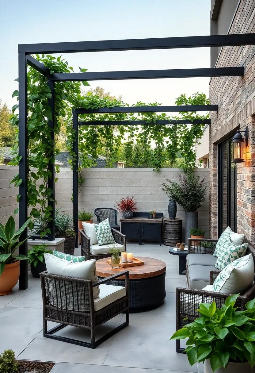 Discover the elegance​ of a modern⁤ metal trellis ‌paired⁣ with luscious ​green ivy, offering a striking contrast that enhances the clean ⁤lines of contemporary⁤ outdoor spaces