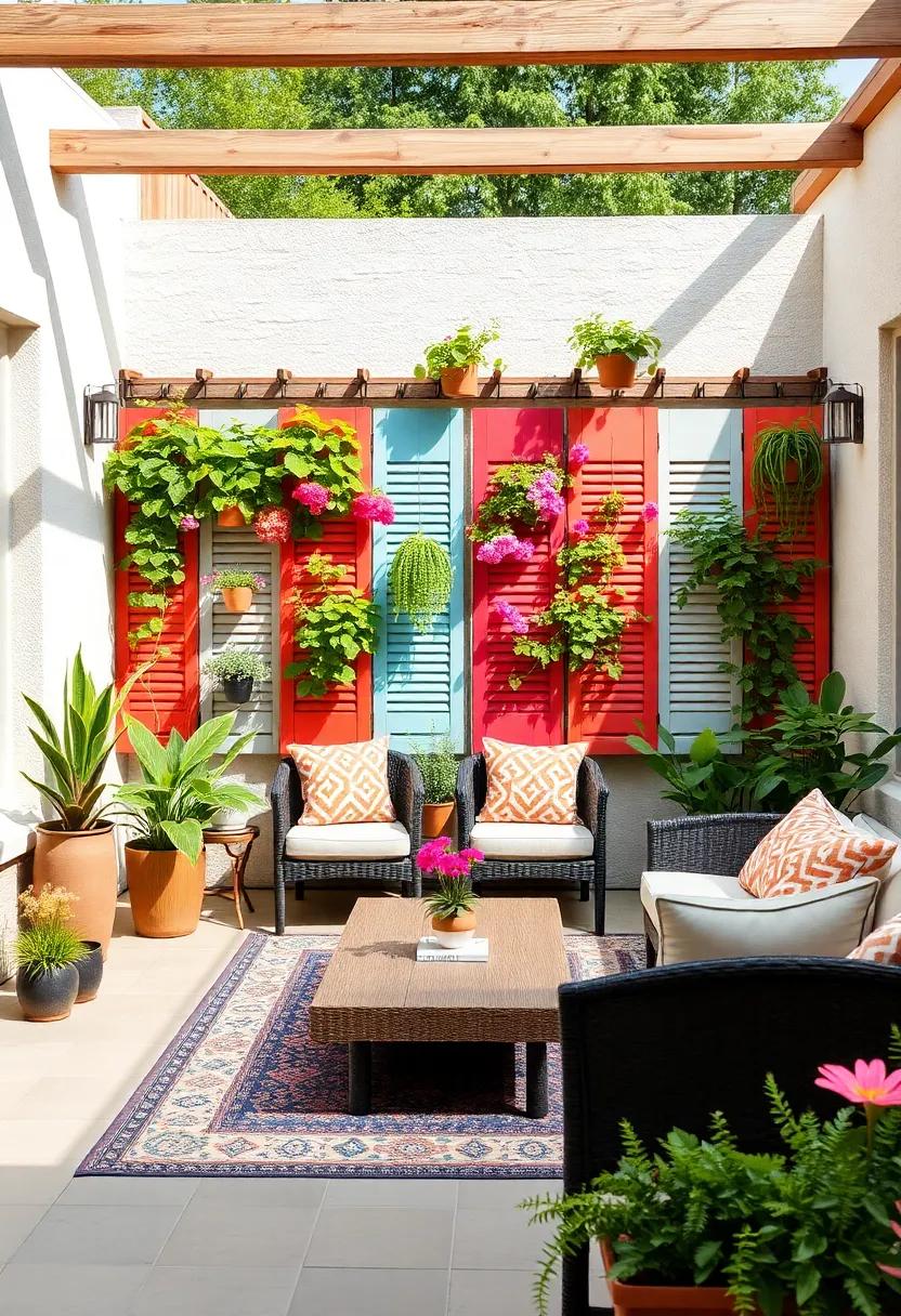 Brighten your patio ‍with​ a trellis made from colorful reclaimed shutters, showcasing​ playful climbing‌ plants that reflect your unique ​personality