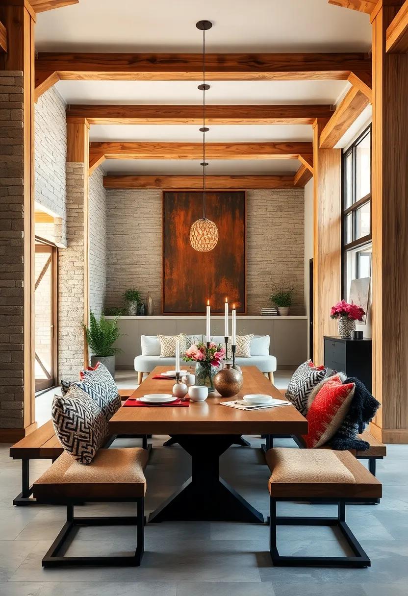 Benches instead of Chairs: Replace traditional dining chairs with rustic wooden ‌benches for a‌ communal feel ⁢that complements the beam structure