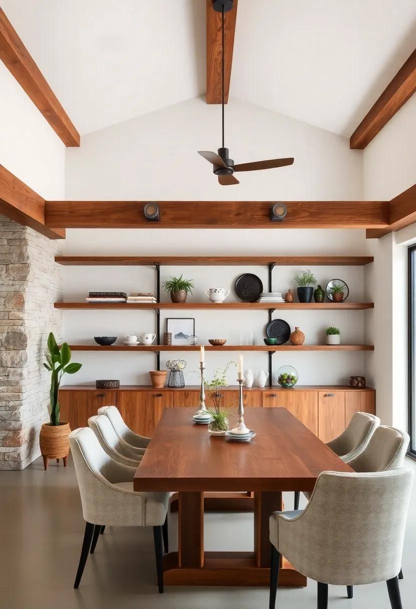 Open Shelving: opt for open shelving made of reclaimed wood to display beautiful dinnerware and plants, showcasing the beams' craftsmanship