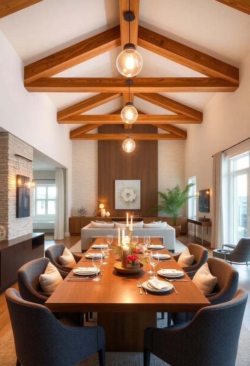 Warm Lighting Fixtures: Utilize warm-toned light bulbs in your fixtures to highlight the grain and texture of the wooden beams