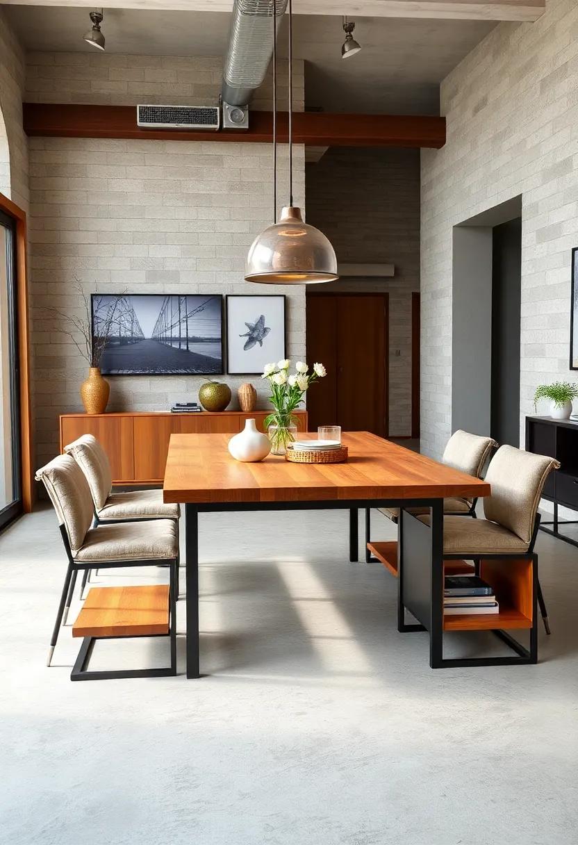 Industrial ⁢Chic: ⁢A⁢ metal and wood dining table with built-in​ shelving units ‍at each⁢ end, perfect for displaying decorative items while storing dining ⁤essentials