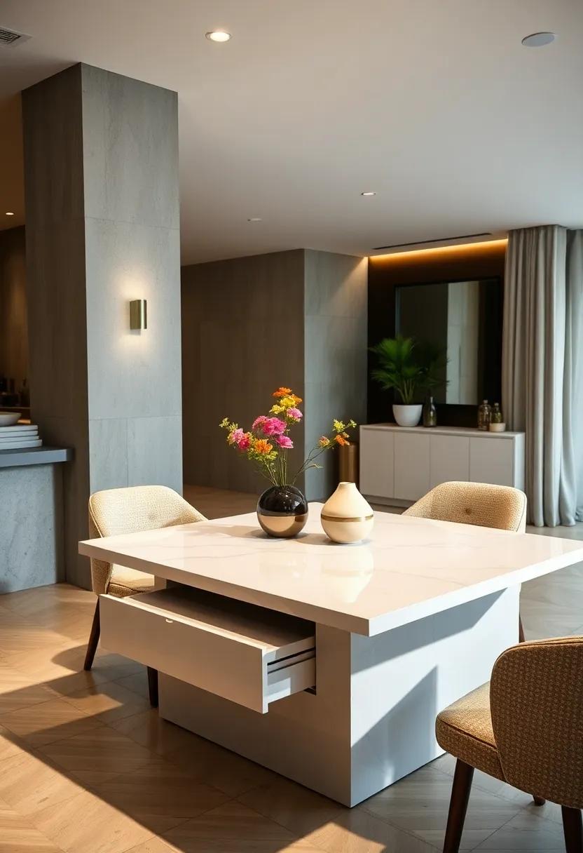 Urban ‍Minimalism: A high-gloss square table that ⁢integrates drawer panels with soft-close technology for storing table essentials while maintaining a⁣ clean aesthetic