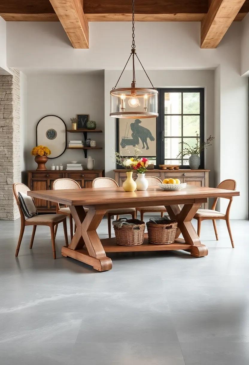 Vintage Charm: A traditional farmhouse table with an antique finish, featuring under-table shelving for baskets, ⁣adding ⁣character⁤ while ⁢providing functional storage