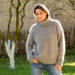 Hand knit pure angora sweater turtleneck light gray by Extravagant