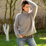 2 strands hand knit pure angora sweater Light Gray Turtleneck by .