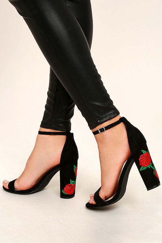 Lovely Black Suede Heels - Embroidered Heels - Single Sole Heels .