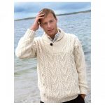 100% Merino Wool Aran Shawl Collar Aran Sweater, Natural Colo