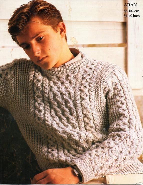 Mens aran sweater knitting pattern pdf cable crew neck jumper | Et