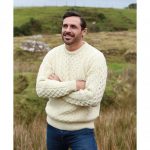 100% Natural Wool Crew Neck Traditional Aran Sweater, White Colo
