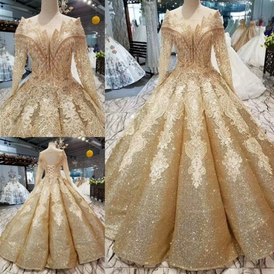 Luxury / Gorgeous Gold Wedding Dresses 2019 Ball Gown Glitter .