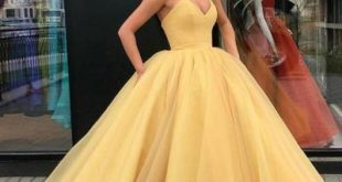 Plunging Sweetheart Puffy Yellow Ball Gown Prom Dresses .
