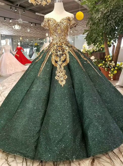 Green Ball Gown Sequins Gold Appliques Off The Shoulder Wedding .