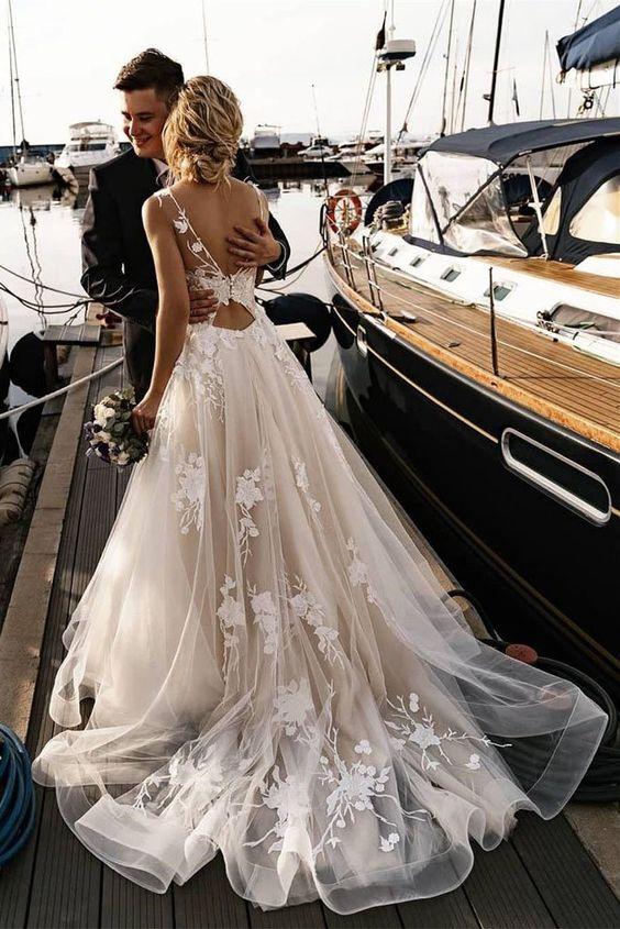 A Line Floral Appliques Beach Wedding Dresses Backless Tulle .