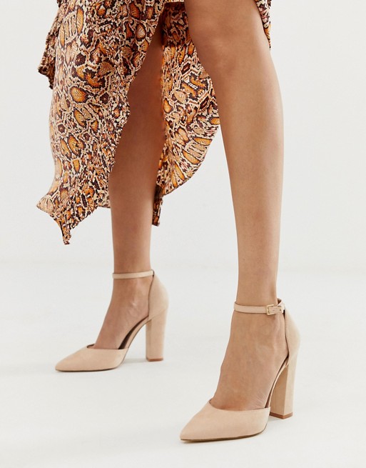 ALDO Nicholes block heeled pumps with ankle strap in beige | AS