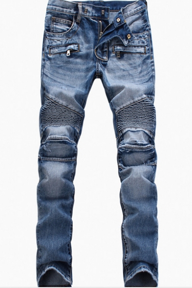 New Fashion Solid Color Men's Pleated Slim Fit Biker Jeans .