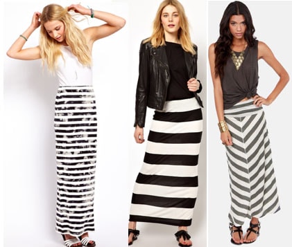 Class to Night Out: Black and White Striped Maxi Skirt - College .