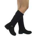 Womens Quilted Knee High Boots Soft Faux Suede Flat Heel With .
