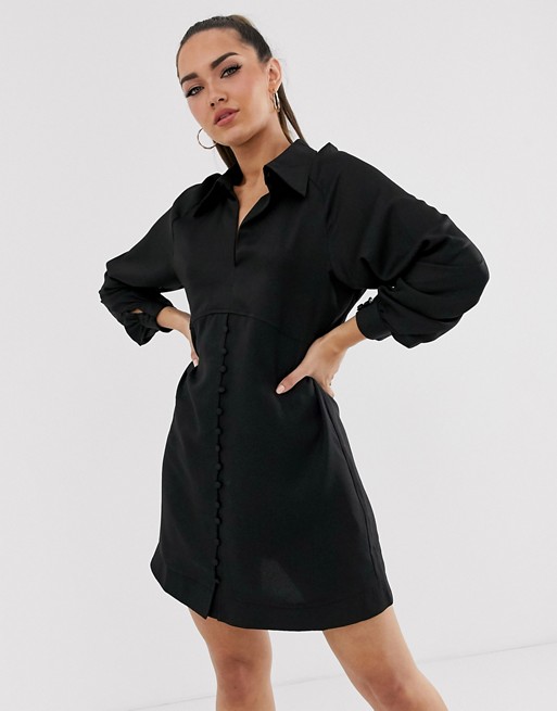 Boohoo button detail smock shirt dress in black | AS