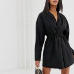 PrettyLittleThing ruched mini shirt dress in black | AS