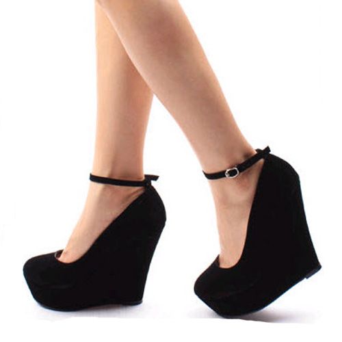 Wedges Black Suede Ankle Strap Pumps | Prom shoes, Heels, Black sho