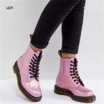Leather Holographic Pink Lace Up Boots Winter Clear Jelly Boots .