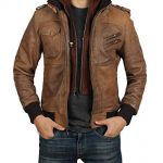 Mens Light Brown Bomber Leather Jacket with Ho