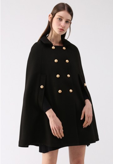 Keep It Elegant Double-Breasted Cape Coat in Black - Retro, Indie .
