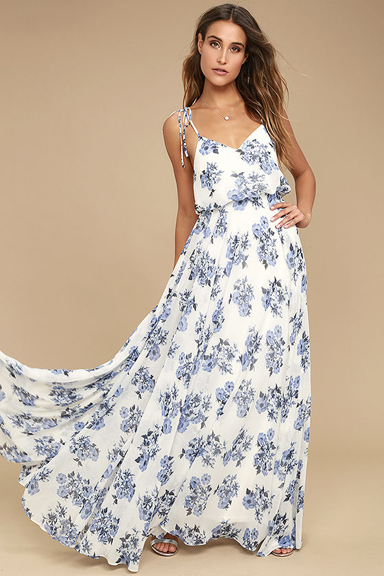 Stunning Blue and White Maxi Dress - Floral Print Maxi Dress .