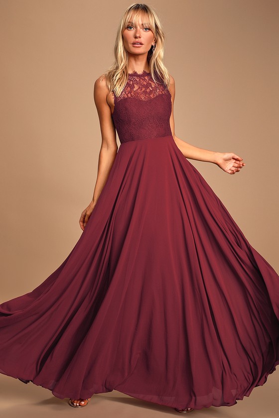 Lovely Lace Dress - Burgundy Maxi Dress - Prom Dress - Go
