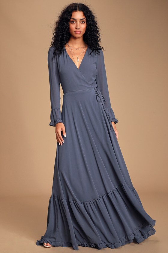Pretty Slate Blue Maxi Dress - Wrap Dress - Tiered Maxi Dre