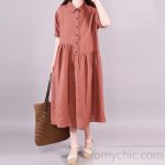 Organic linen cotton dresses Korea POLO Collar Loose Dress - Short .