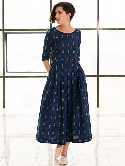 Buy Blue Box Pleated Handloom Ikat Cotton Dress Online | Cotton .