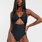 ASOS DESIGN recycled tall twist front cut out swimsuit in black | AS