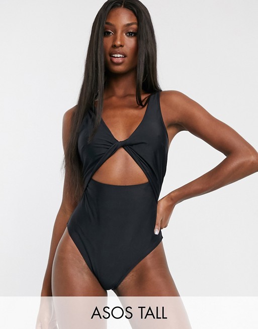 ASOS DESIGN recycled tall twist front cut out swimsuit in black | AS