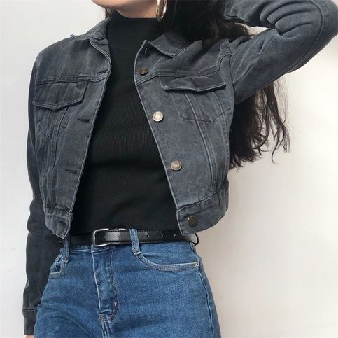 Women's Denim Jackets : Vintage Slim Short Gray Black Denim Jacket .