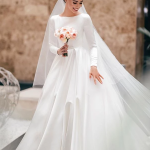 Elegant A-line Long Sleeve Simple Satin Wedding Dresses With .