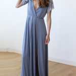 Dusty Blue Wrap Maxi Dress With Short Lace Sleeves | Dusty blue .
