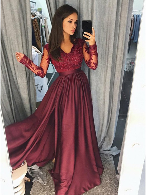 Buy A-Line V-Neck Long Sleeves Burgundy Prom Dress with Appliques .
