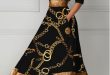 Black Dresses Gold Chain Print Glitter V Neck Midi Dress | Women's .
