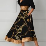 Black Dresses Gold Chain Print Glitter V Neck Midi Dress | Women's .