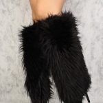 Black Faux Fur Pointy Toe Knee High Heel Boots Faux Sue