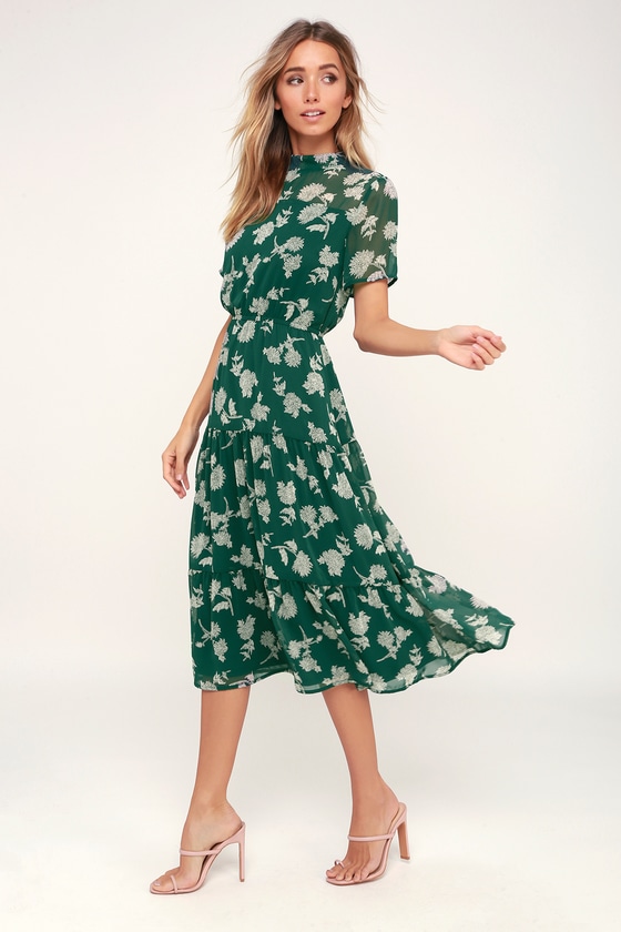 Dark Green Floral Print Dress - Midi Dress - Short Sleeve Dre