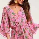 Cute Pink Floral Print Romper - Kimono Sleeve Romper - Surpli