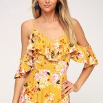 Mustard Yellow Floral Print Romper - Off-the-Shoulder Romp