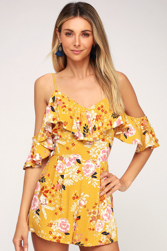 Mustard Yellow Floral Print Romper - Off-the-Shoulder Romp