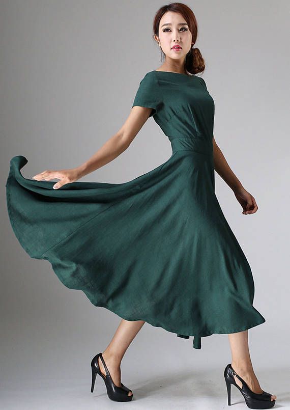 Maxi dress linen dress woman Green dress flowy dress#ad#dress .