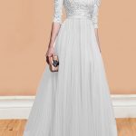 White Patchwork Lace Pleated Round Neck Elbow Sleeve Wedding Gowns .