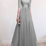 Grey Patchwork Lace Pleated Round Neck Elbow Sleeve Wedding Gowns .