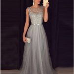A-Line Bateau Light Grey Tulle Prom Dress with Beading Sash .